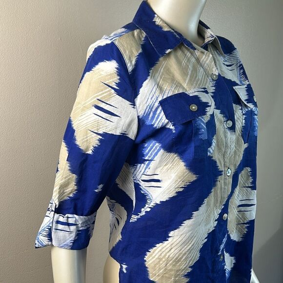 Chico's button down 100% cotton front pockets blue white tan abstract size 0 4 6 - Picture 3 of 8